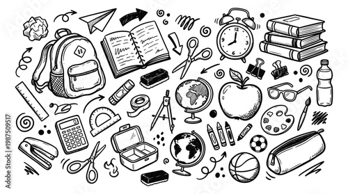 School supplies and objects doodle collage illustration