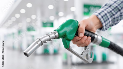 Hand holding green fuel nozzle at gas station forecourt