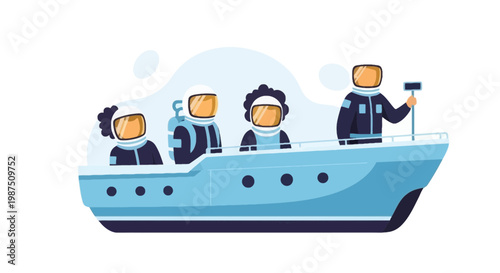 Cartoon Crew of Divers Exploring the Ocean on a Boat