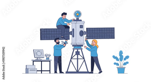 Space Exploration Team with Satellite and Ground Station