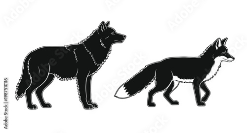 Two canid silhouettes a wolf and a fox stand facing right on transparent background