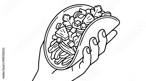 taco being hold by an hand, in vector style. Black and white line art shows diced onion cilantro and shredded meat with a casual midday mood.