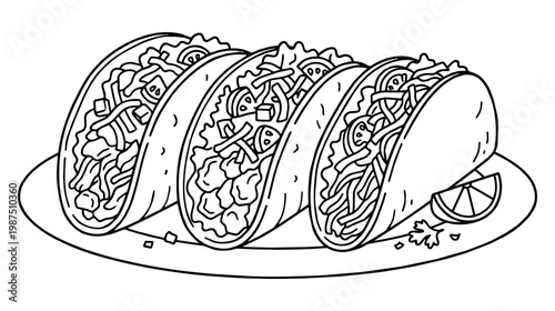 Tacos arranged on a plate with a lime wedge and cilantro garnish.