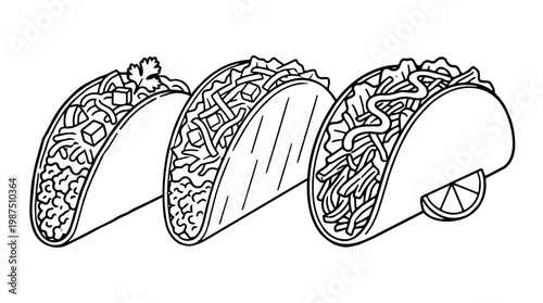 Three tacos arranged on a studio background. They show different fillings and a lime wedge and convey a playful mood.