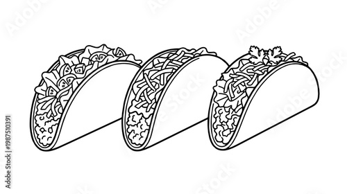 Tacos arranged on a studio background. Black line art emphasizes clean simple composition.