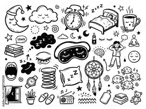 Smartphone addiction doodle illustrations depict people sleeping