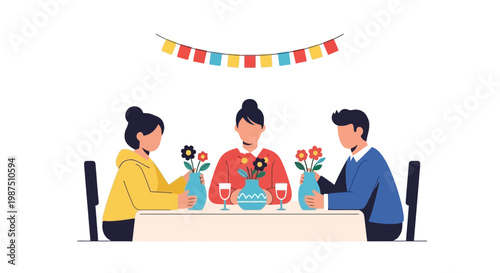Happy Family Celebrating Together at Dinner Table with Flowers