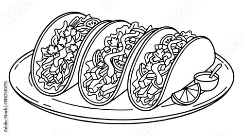 Tacos, mexican tortilla sit on a ceramic plate. Lime wedge and sauce bowl sit beside them in bold black line art for a casual lunch.