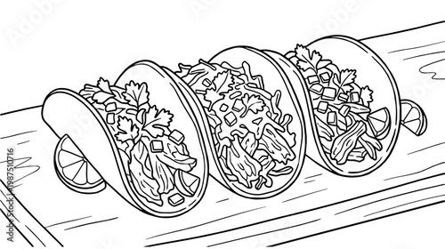 tacos mexican food, arranged on a wooden serving board. Each taco is filled with shredded meat diced onion and cilantro for a bright lunchtime scene.