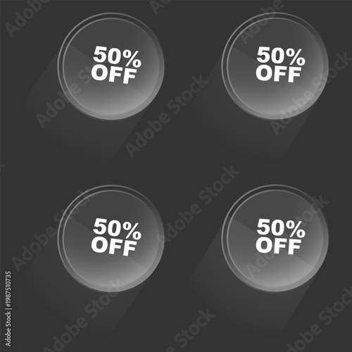 Four identical promotional badges displaying a fifty percent off discount offer