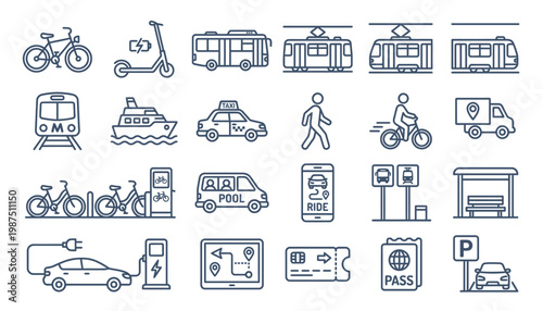 Transportation icons for travel and navigation.