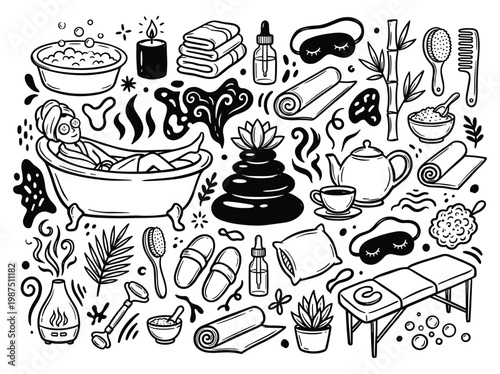 The illustration depicts a serene spa setting with various wellness and relaxation elements.