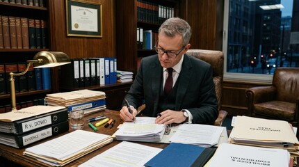A lawyer working on documents at a desk, legal papers, professional office details and serious focused atmosphere, ultra-realistic, no logos.
