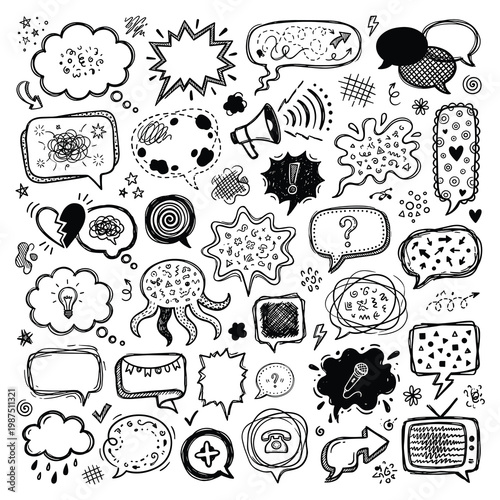 Doodles of various speech bubbles and icons are illustrated