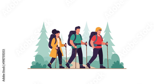Group of Hikers Trekking Through Forest Trail