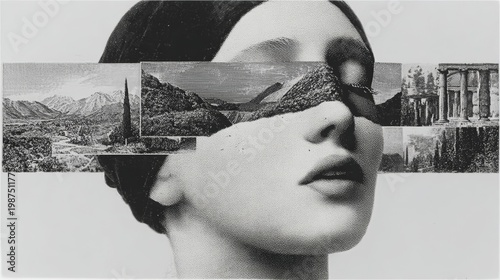 Surreal vintage collage of a woman’s face merged with landscapes and ancient ruins in minimalist black and white art