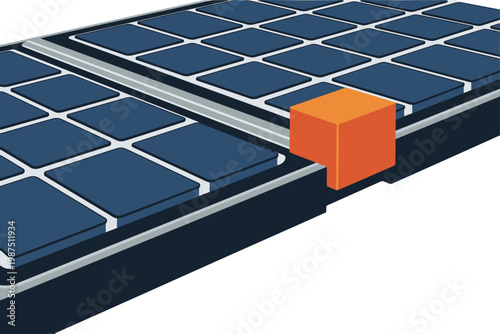 Detailed solar cell inverter illustration showcases modern renewable energy technology. Clean, graphic design with a bright orange cube highlighting a key component. Suitable for commercial use.
