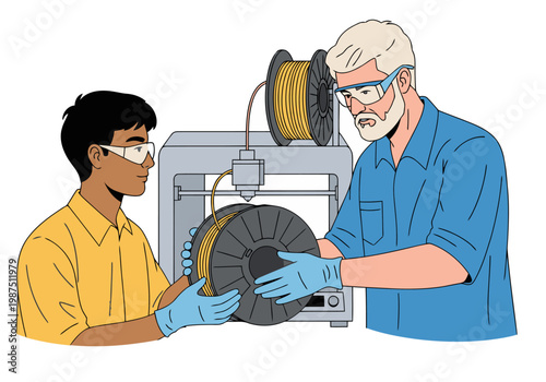 An experienced mentor guides a young student through 3D printing filament training. Focused collaboration and a modern 3D printer create a dynamic learning scene.