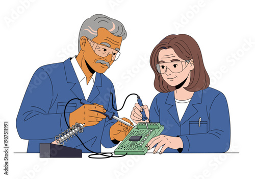 An experienced technician mentors a young apprentice in electronics repair. They both wear safety glasses and lab coats, focused on a circuit board. A collaborative learning scene.