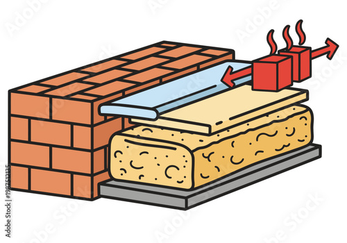 Illustration depicts a brick wall with insulation layers showcasing heat transfer. Technical icon, layered design, clear visual explanation of thermal performance.