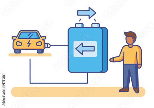 A man connects an electric car to a bidirectional charging grid, showcasing sustainable energy transfer. Modern illustration, bright colors, and clear composition.