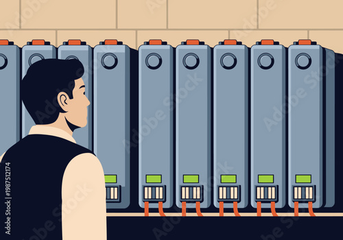 A man observes a row of microgrid battery storage units. Modern, industrial setting. Focus on technology and energy solutions. Clean, professional aesthetic.