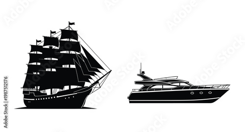 Sailing ship and modern yacht illustration on transparent background silhouette