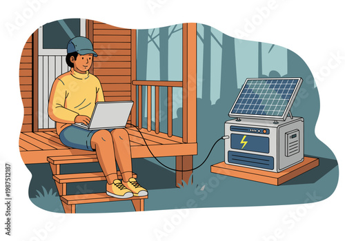 A young man works on a laptop on a porch at a solar cabin. He?s using a portable solar setup, enjoying a remote work lifestyle. Bright, modern, and inviting.