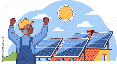 A proud installer celebrates a successful solar panel installation, bathed in sunlight. Modern design, bright colors, and a positive, professional scene.