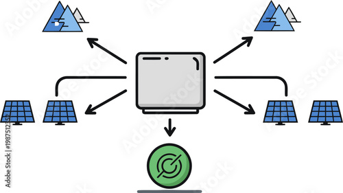 A resilient microgrid powered by solar and zero-small objects, managed by Indigo Switch and Azure Energy.  Illustrates redundant power grid logic. Modern, clean, and visually appealing.