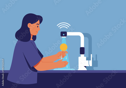 A woman saves energy in her smart kitchen by monitoring water usage with a digital faucet. Modern illustration, bright colors, promoting sustainability.