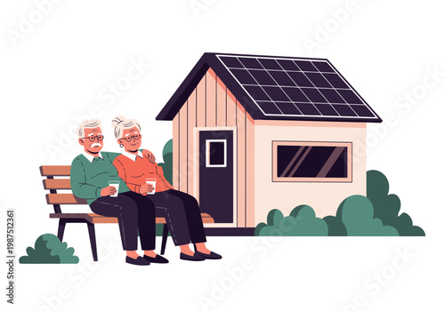 A smiling senior couple relaxes on a bench enjoying coffee in front of their solar-powered home. A peaceful, sustainable lifestyle scene.