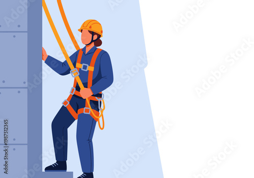 Safety technician wearing a harness secures a wall. Professional, detailed illustration. Ideal for safety training and construction visuals.