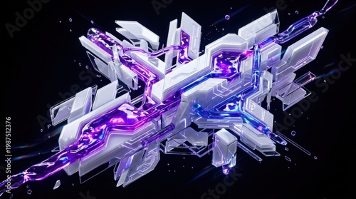 white glass cyber elements suspended over a black backdrop, liquid acrylic surfaces glowing purple and blue with glossy reflections and cinematic contrast, sleek futuristic mood with premium visual