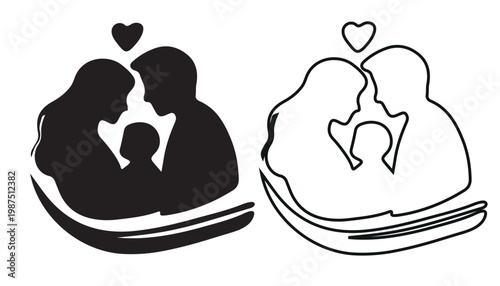Loving couple silhouette with heart and baby a symbol of family and affection