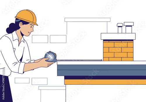 A female surveyor measures a rooftop for solar panel installation. Clear, professional, and focused on the task. Modern illustration style.
