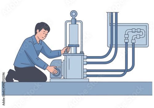 A technician inspects a hydraulic pitch control system. Clear, detailed illustration showcasing mechanical components and a focused worker. Modern, technical style.
