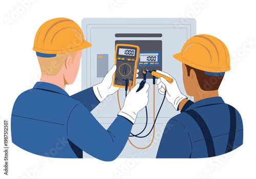 Two electricians in hard hats use a multimeter to test electrical equipment. Focused teamwork, technical inspection, industrial setting. Professional training.