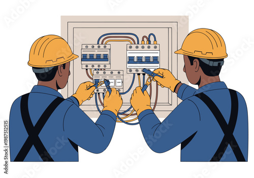 Two electricians work together, installing a circuit breaker. They wear helmets and gloves, focused on the electrical panel. Professional, detailed illustration.
