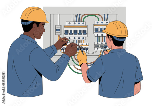 Two electricians work together on a circuit breaker panel, demonstrating a mentorship. Clear, professional lighting and focused activity. Suitable for business and training visuals.