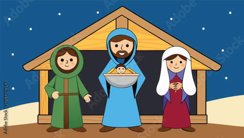Cartoon Nativity Scene with Mary, Joseph, and Baby Jesus in a Manger Under a Starry Night Sky