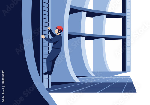 A worker ascends a ladder to maintain a wind turbine.  Illustrative, safety-focused design. Modern, clean style.  Great for business and energy concepts.