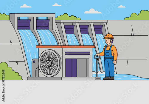 A worker monitors hydroelectric dam technology. The image showcases a modern dam with water flowing, highlighting engineering and renewable energy. Bright, clean illustration.