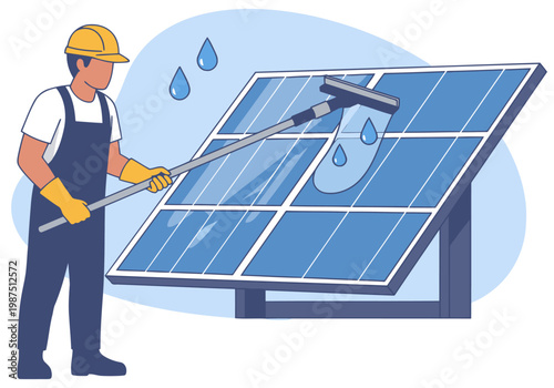 A worker cleans solar panels with a squeegee, ensuring optimal energy production. Clean, bright, and professional service imagery.