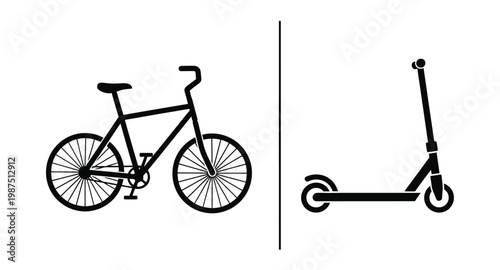 Black bicycle and electric scooter illustration on transparent background silhouette