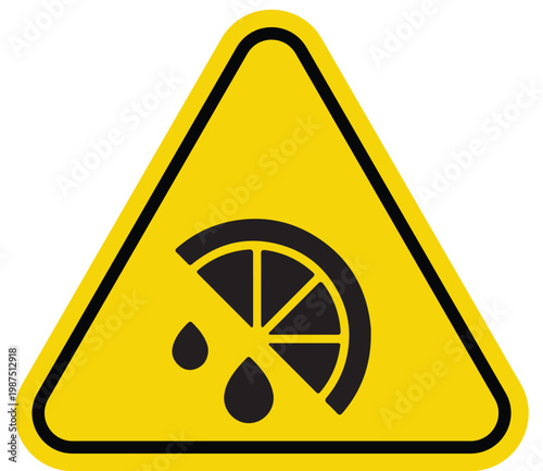 Yellow warning triangle with a black symbol of a sliced lemon and dripping juice representing caution for acidic or citrus-related hazards isolated on white background