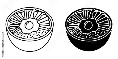 Bowl of food with egg and strips icon set in outline and silhouette styles featuring rice topped with sliced meat and fried egg, presentation.
