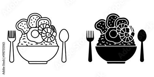 Nasi lemak or nasi uduk bowl with fried egg prawn and crackers outline and silhouette icon set for southeast asian cuisine menu design traditional malaysian food illustration for restaurant branding.