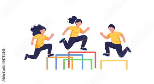 Children Jumping Over Hurdles in a Running Race