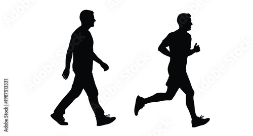 Two men walking and running dynamic poses on transparent background silhouette
